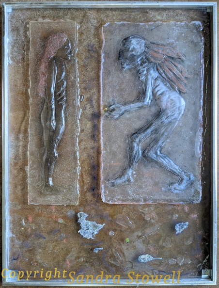 These are two individual figures cast separately from a three figure mold of Three Angels: the Mediation . These two clear pigmented resin tiles are mounted on an 18 x24 sheet of clear acrylic. The mottled tan background is my floor, and is not part of the artwork! There is another photo of this piece that shows off the transparency better! Beseeching or The Face Off.jpg