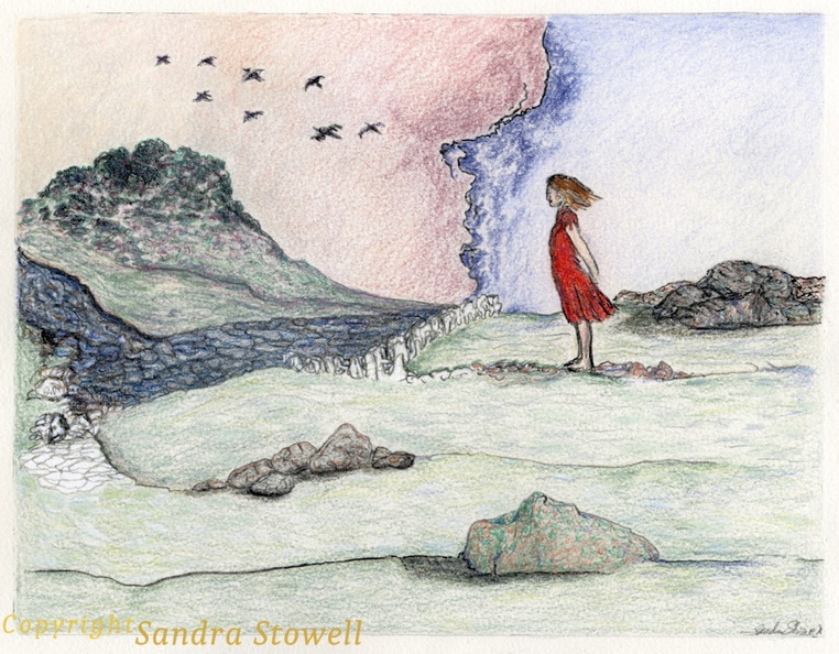This polylithograph print is from several years ago, but has just been hand colored. I used metallic and regular colored pencils on this one, with a little bit of metallic pen. I wanted deeper more vivid color than I used with other prints in this edition. There are also a few modifications to the scenery added to this print. Watcher-RedDress&Metallics.jpg