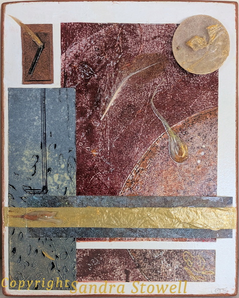 Another new collage of a similar vein to my other recent small prayer piece . This one is fully abstract., and includes feather scraps, a hot glue drip, and an adhesive felt piece for protecting floors or furniture tops from scratches. A Small Prayer Piece #2.jpg