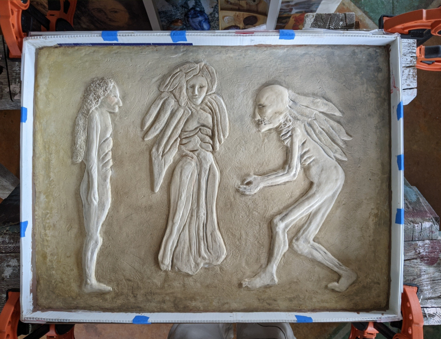 Original 3 figure bas relief sculpture set up for making the mold